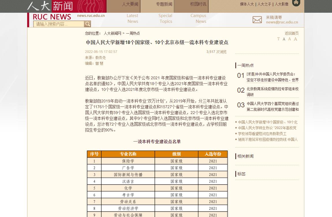 2022中國(guó)人民大學(xué)新增18個(gè)國(guó)家級(jí)、10個(gè)北京市級(jí)一流本科專業(yè)建設(shè)點(diǎn)